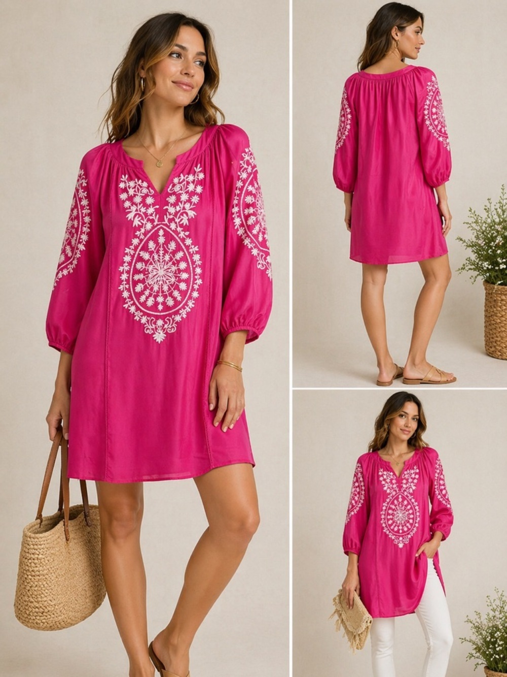 Rungolee Pink Silk Embroidered Shift Dress XS Boho Tunic